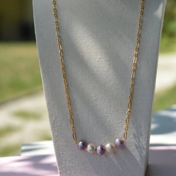 24.5" Natural Purple & White Edison Pearl Necklace – Gold Plated Chain - Picture 5 of 7